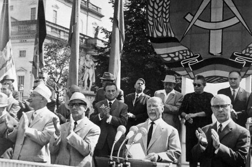 13 Aug 1966, East Berlin, East Germany --- Commemorate Berlin Wall. East Berlin, East Germany: East German president Walter Ulbricht addresses a rally commemorating the fifth anniversary of the Berlin wall here. In his address Ulbricht told the West t
