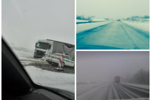 Žiemiški orai sunkina eismo sąlygas: kelyje stringa sunkvežimiai