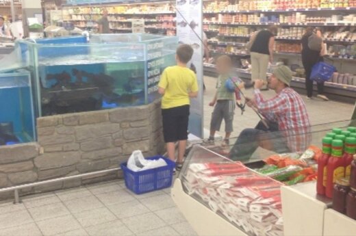 Łapał rybę w akwarium w supermarkecie